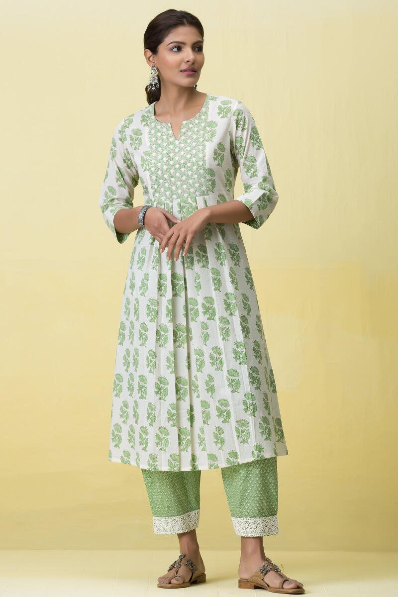 Green Block Printed A-Line Cotton Kurta