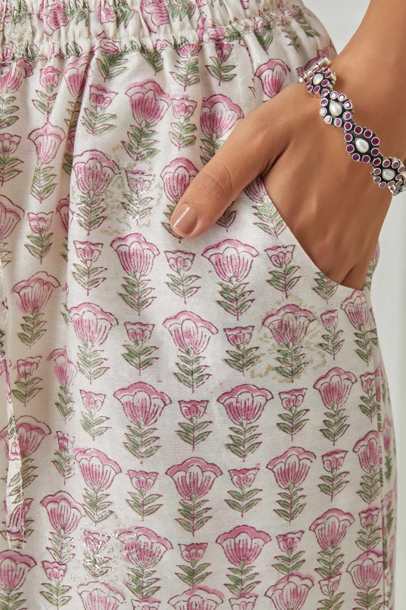 White Block Printed Chanderi Farsi