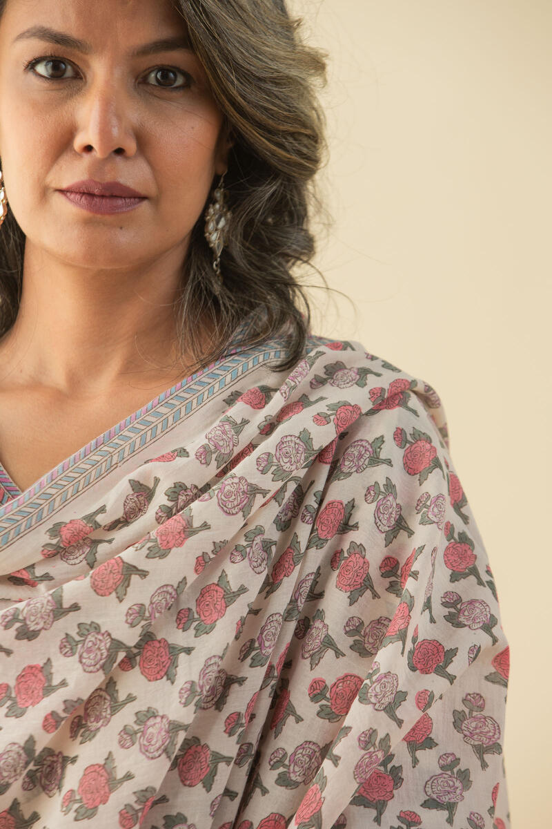 Pink Block Printed Cotton Dupatta