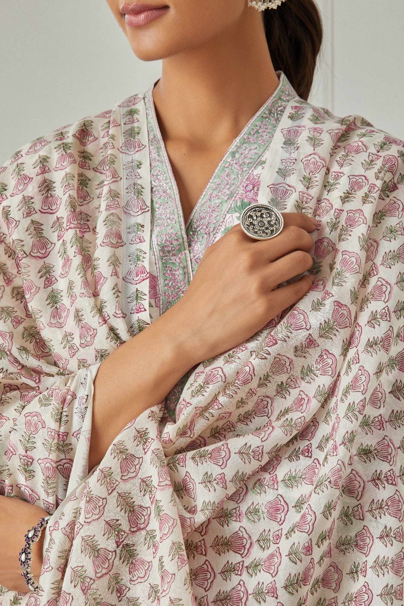 White Block Printed Chanderi Dupatta