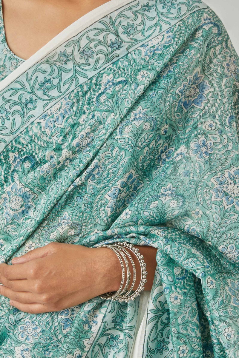 Green Block Printed Chanderi Saree