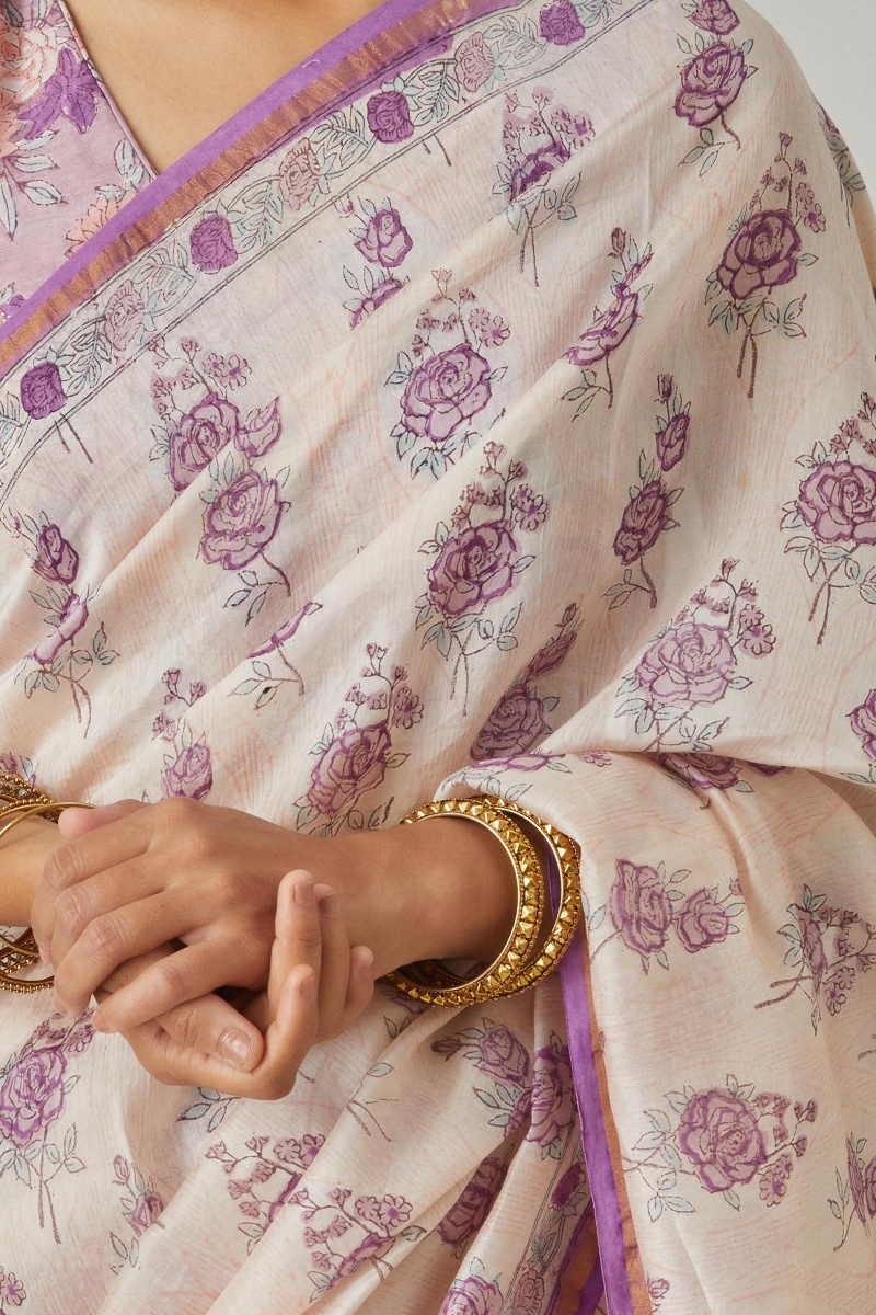 Off-White Block Printed Chanderi Saree