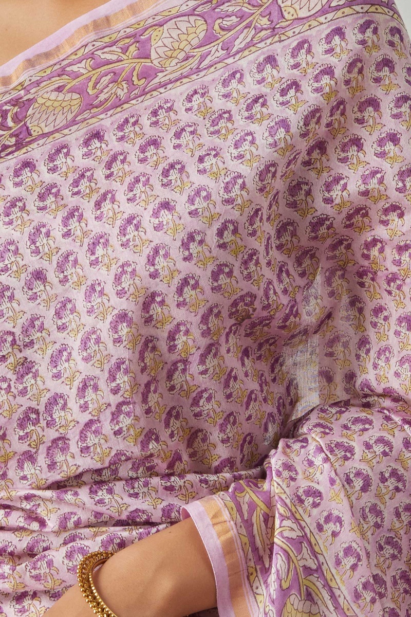 Pink Block Printed Chanderi Saree