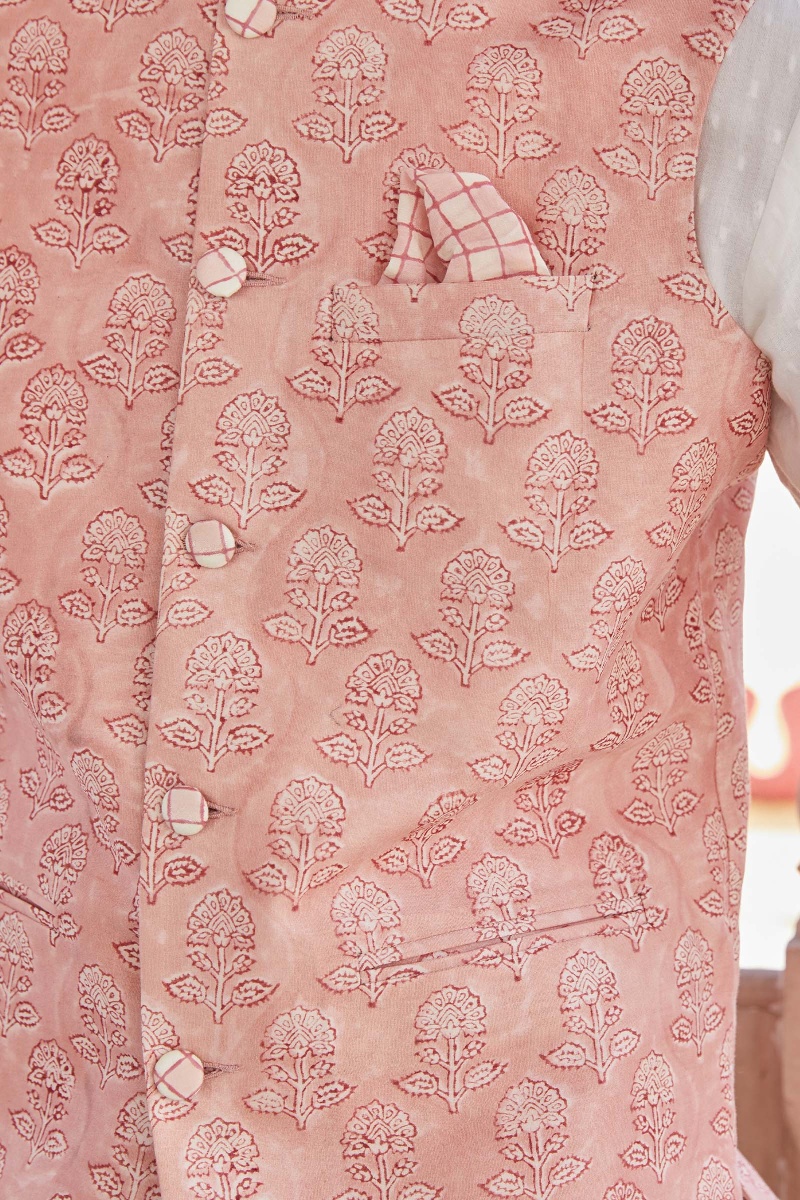 Pink Block Printed Chanderi Nehru Jacket