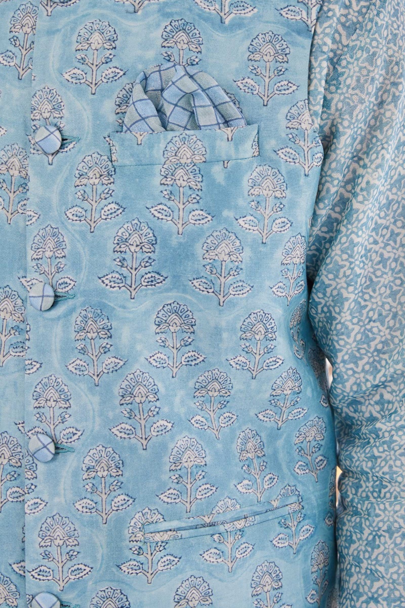 Blue Block Printed Chanderi Nehru Jacket