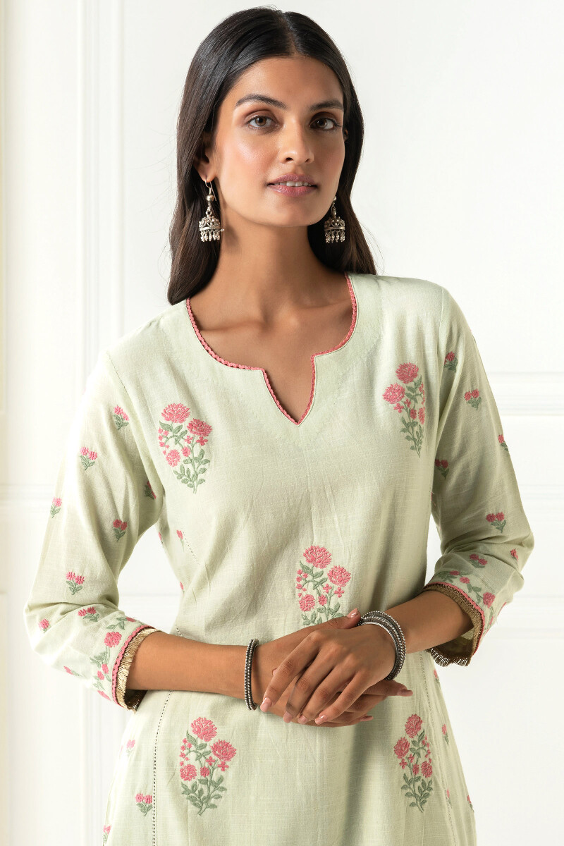 Green Handcrafted Straight Handloom Cotton Kurta