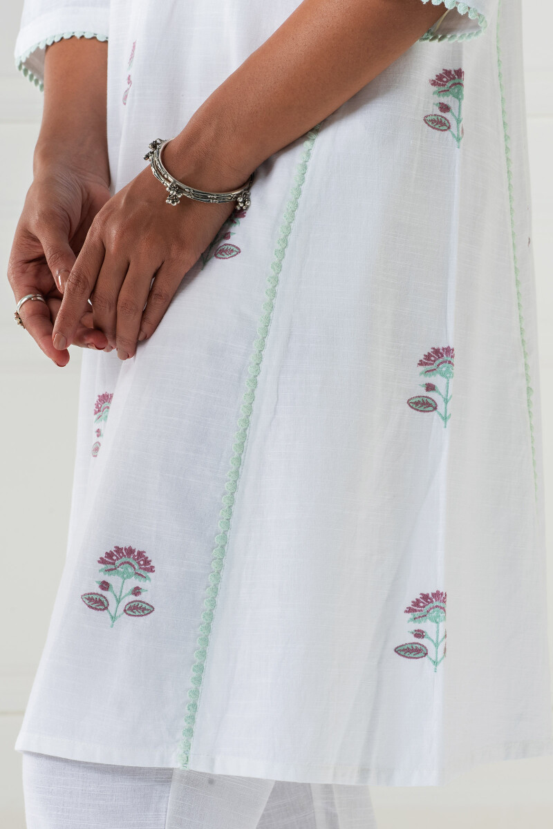 White Handcrafted A-Line Cotton Kurta
