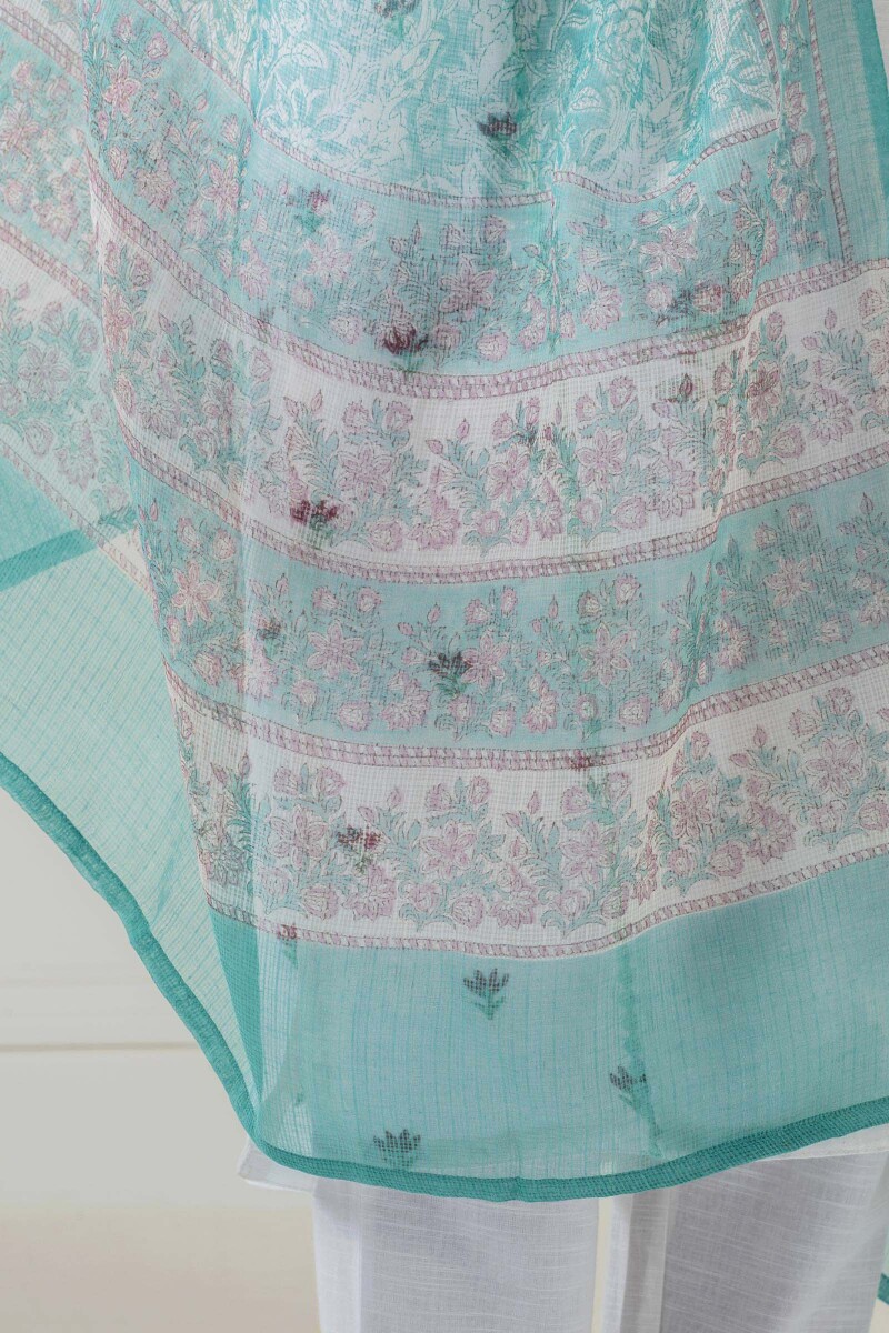 Turquoise Block Printed Kota Dupatta