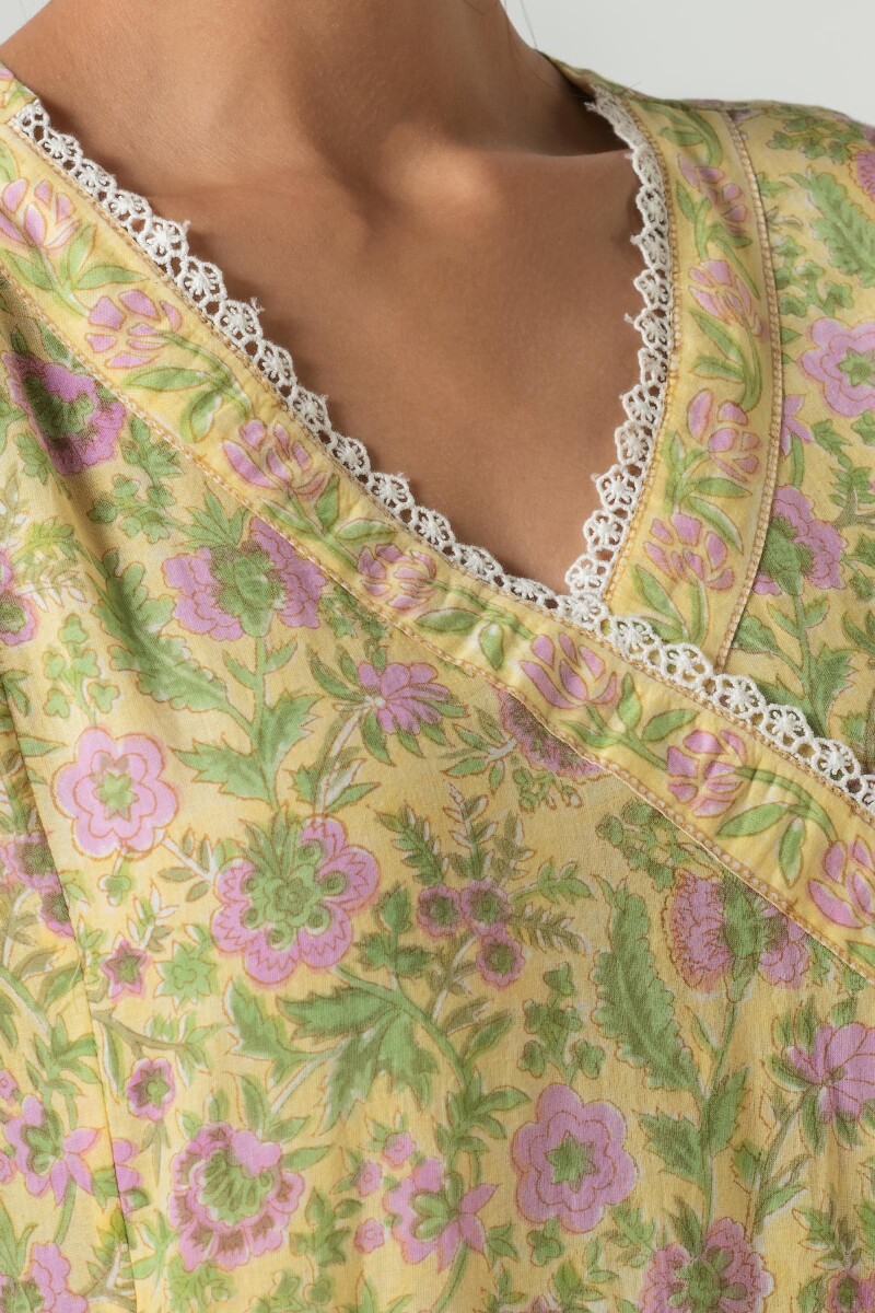 Yellow Block Printed Angrakha Cotton Kurta