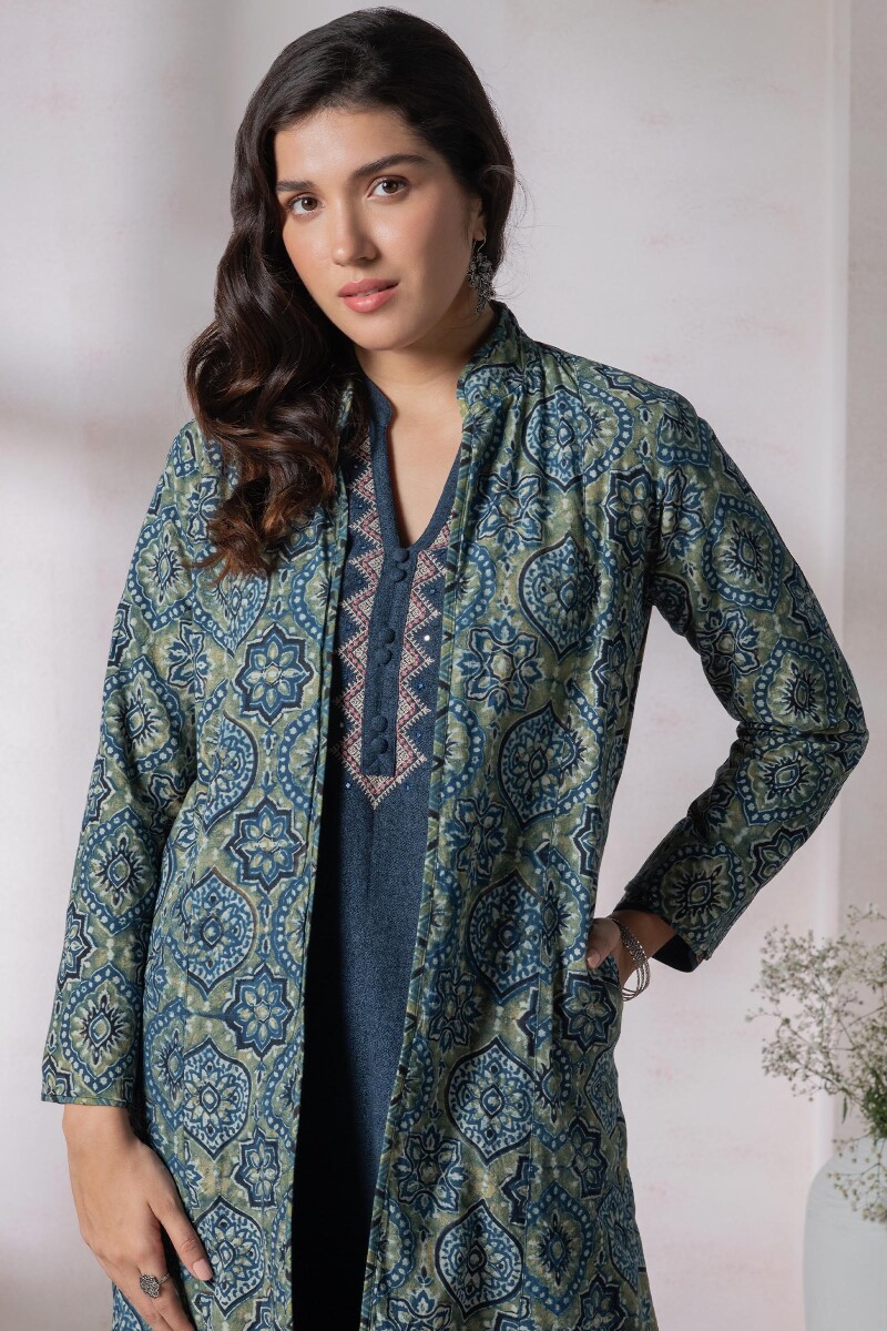 Indigo Block Printed Handloom Reversible Jacket
