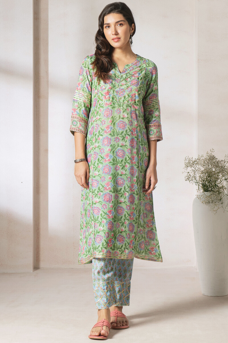 Green Block Printed Straight Cotton Kurta