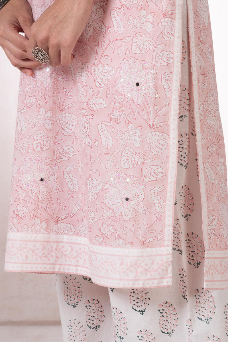 Peach Block Printed Straight Cotton Kurta