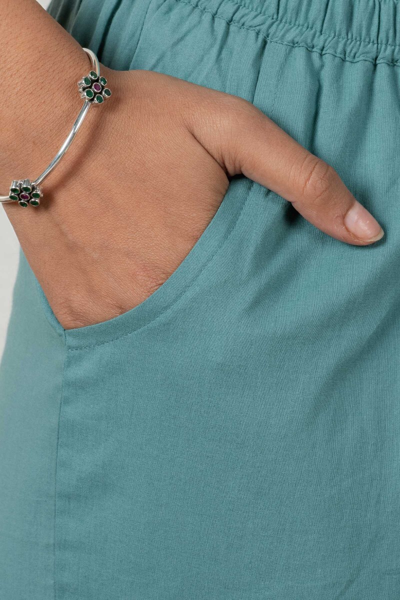 Turquoise Handcrafted Cotton Narrow Pants