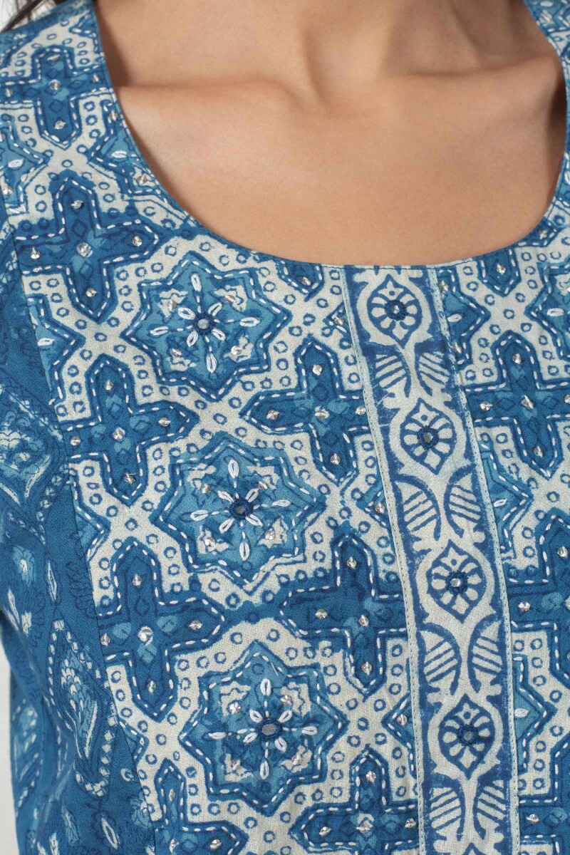 Indigo Block Printed Straight Cotton Kurta