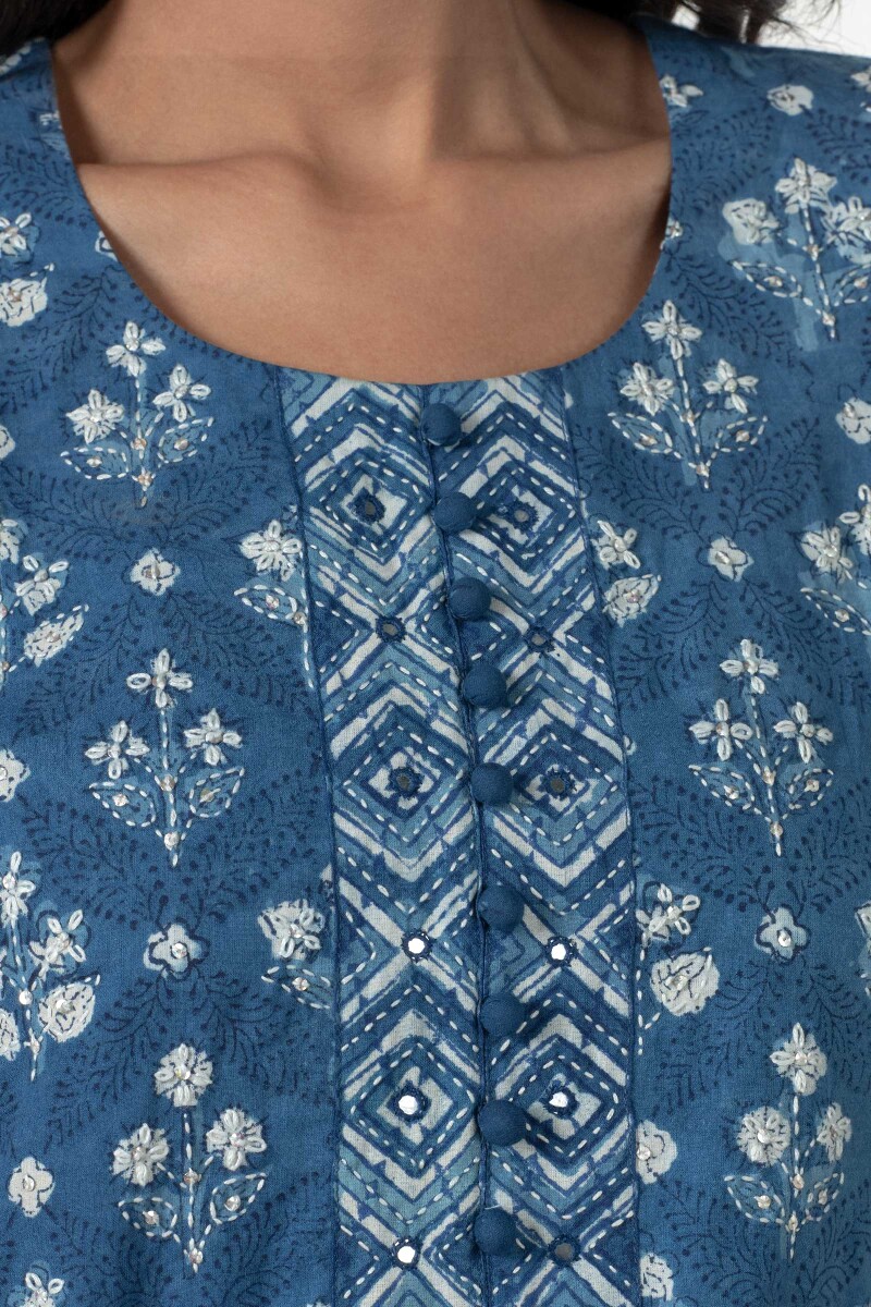 Indigo Block Printed Straight Cotton Kurta