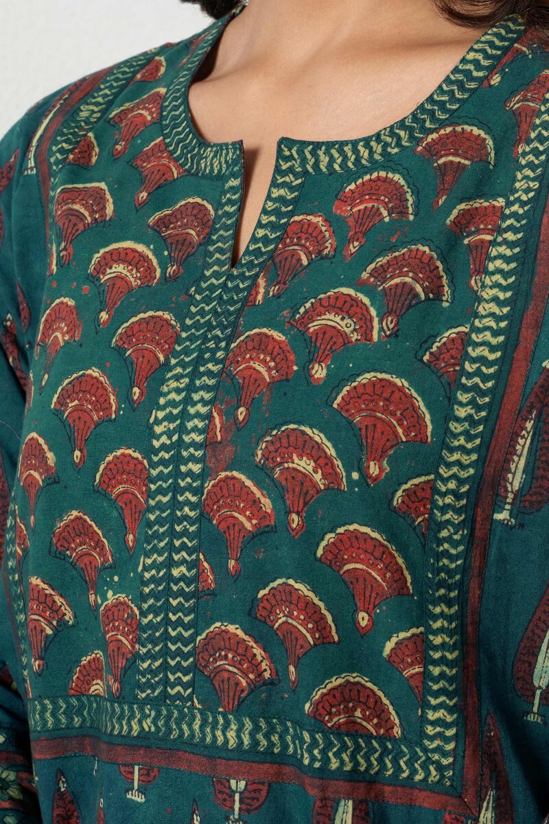 Green Block Printed Cotton Kaftan