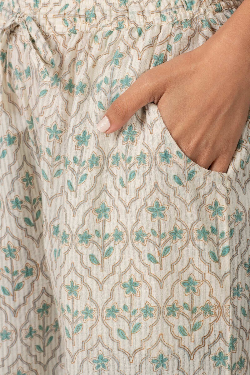 Off-White Block Printed Cotton Dobby Palazzo