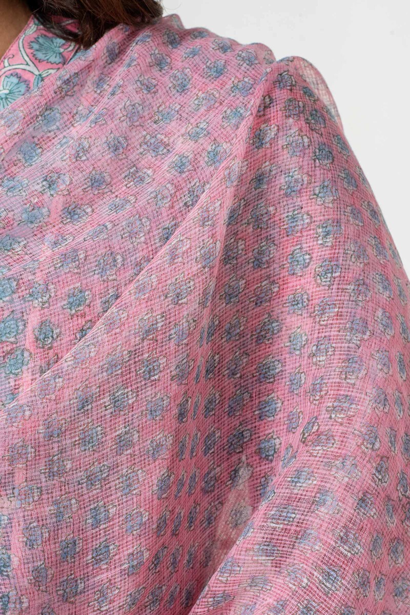 Pink Block Printed Kota Dupatta