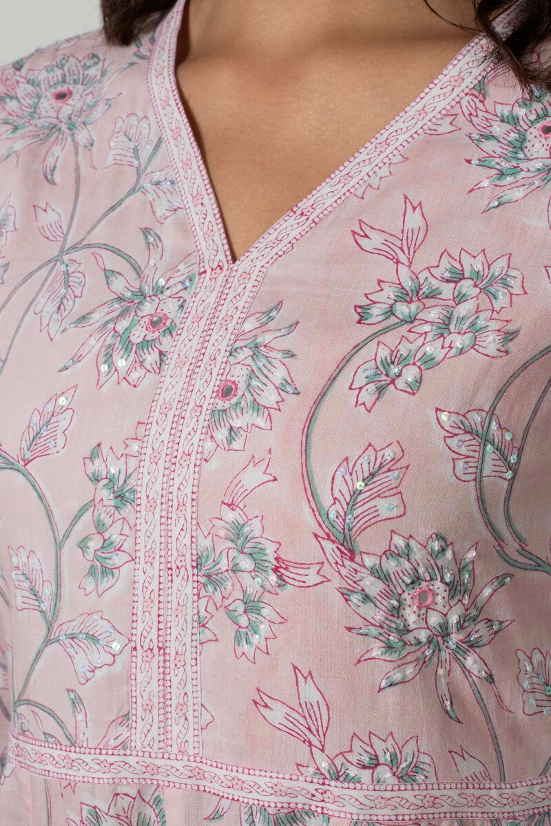Pink Block Printed Anarkali Cotton Kurta