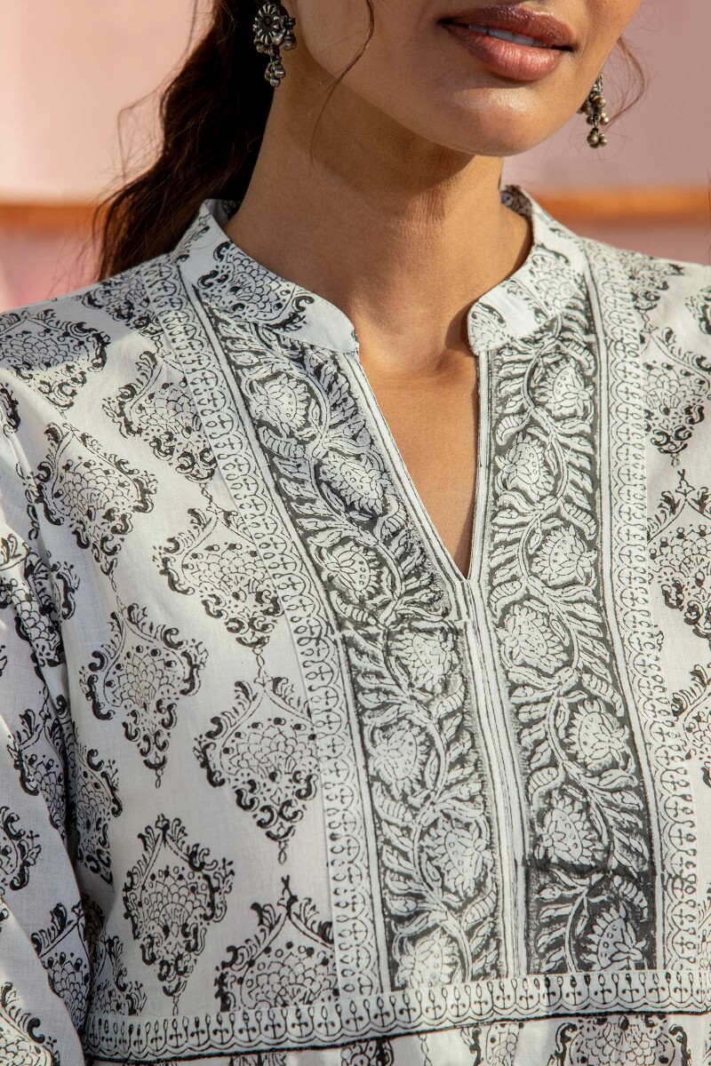 White Block Printed A-Line Cotton Kurta