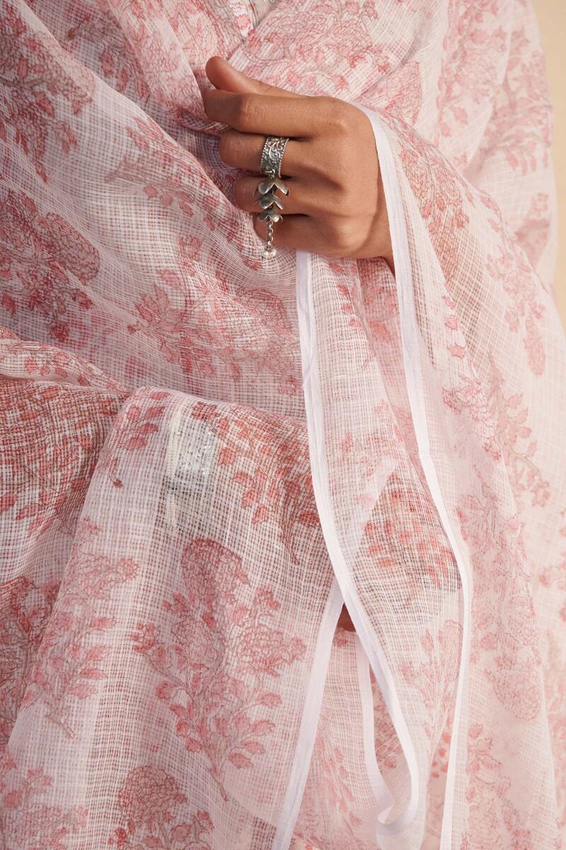White Block Printed Kota Dupatta