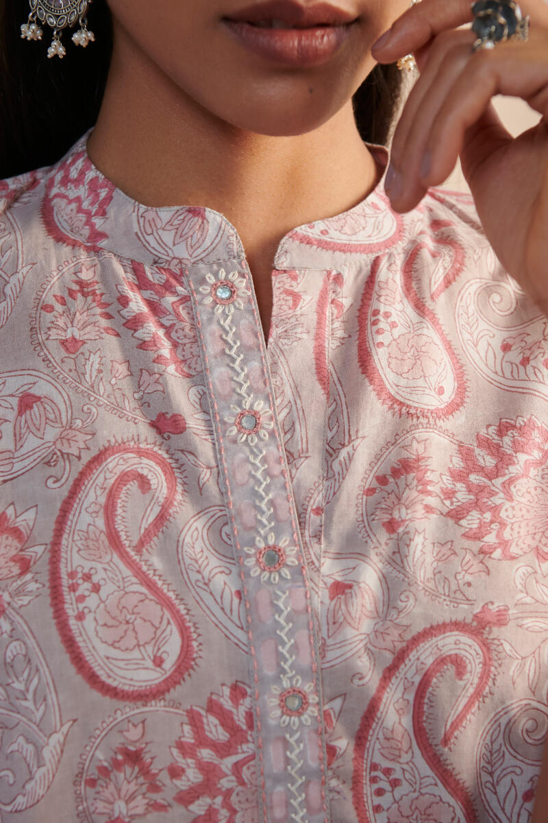 Grey Block Printed Straight Cotton Kurta