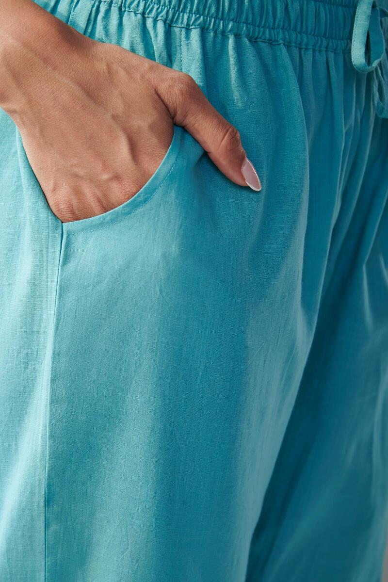 Blue Handcrafted Cotton Linen Narrow Pants