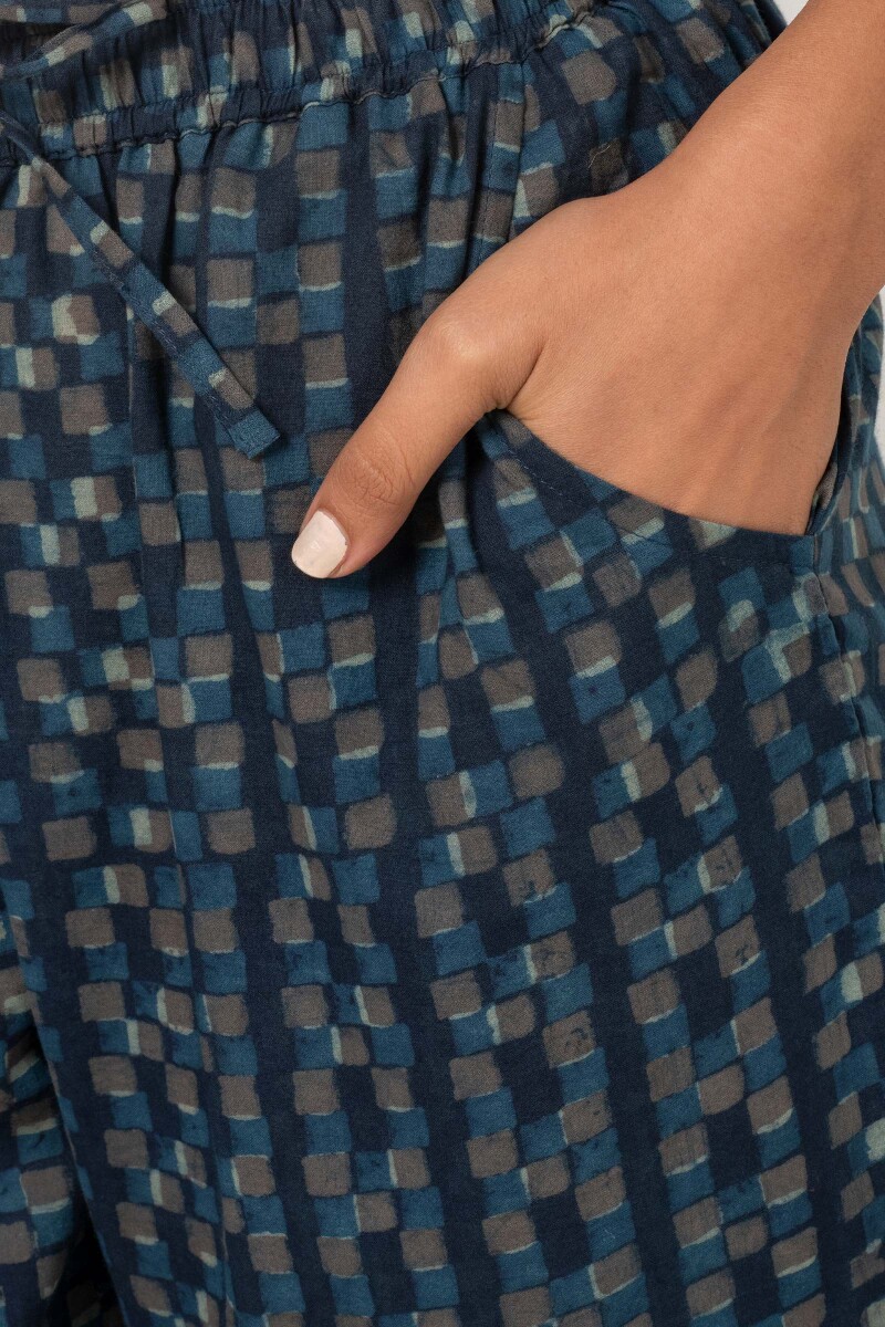 Indigo Block Printed Cotton Narrow Pants