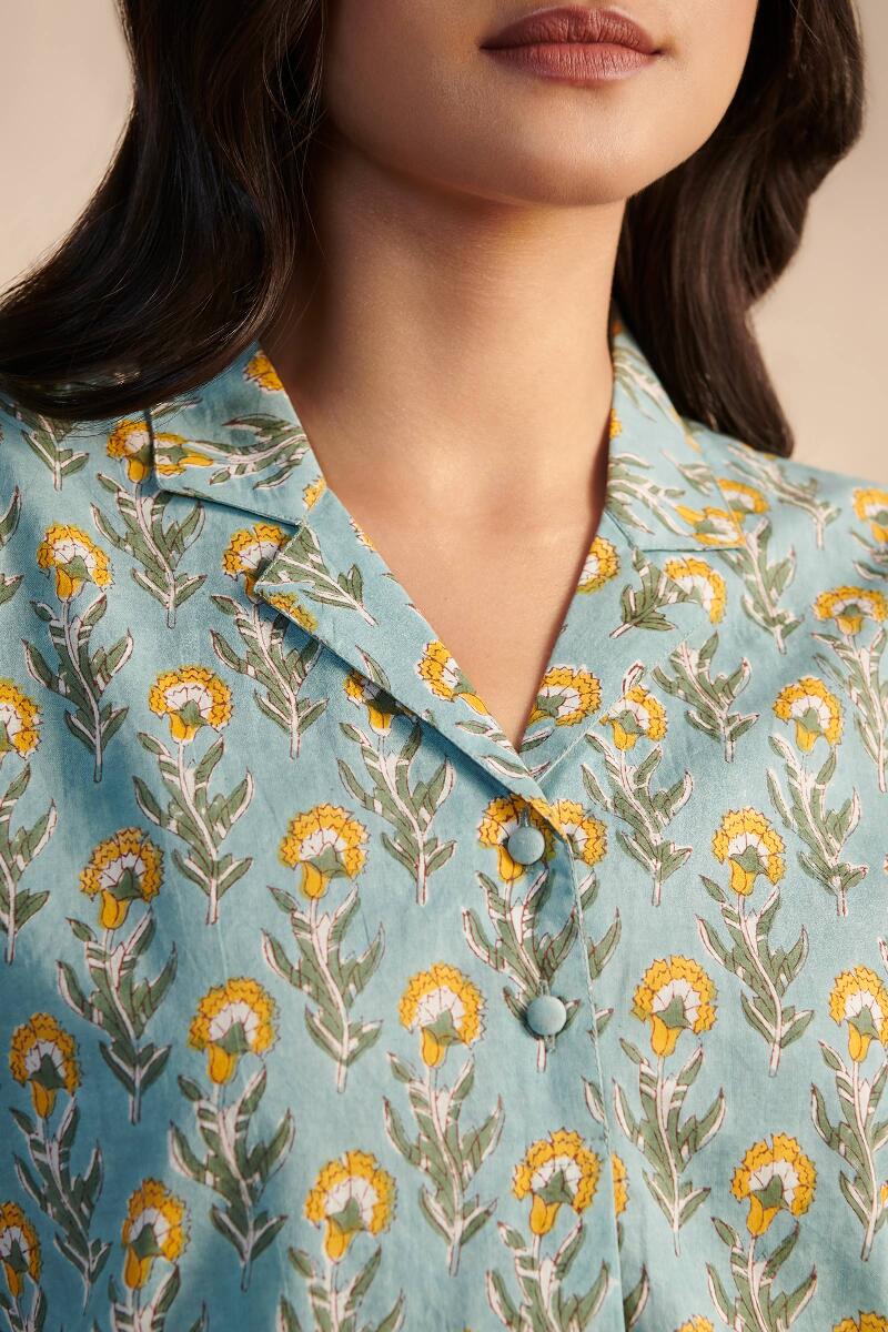 Blue Block Printed Cotton Pyjama Set