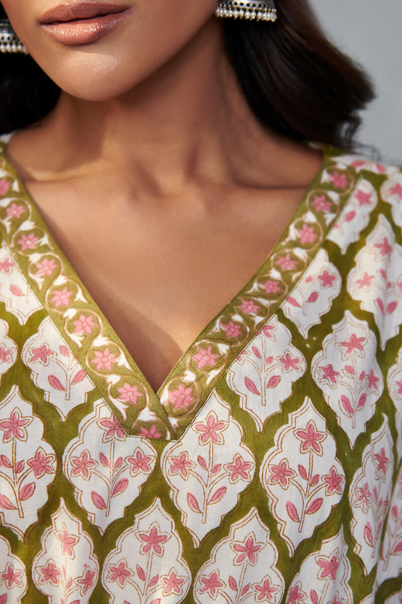 Green Block Printed Cotton Kaftan