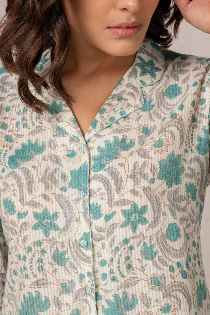 Blue Block Printed Cotton Loungewear Set