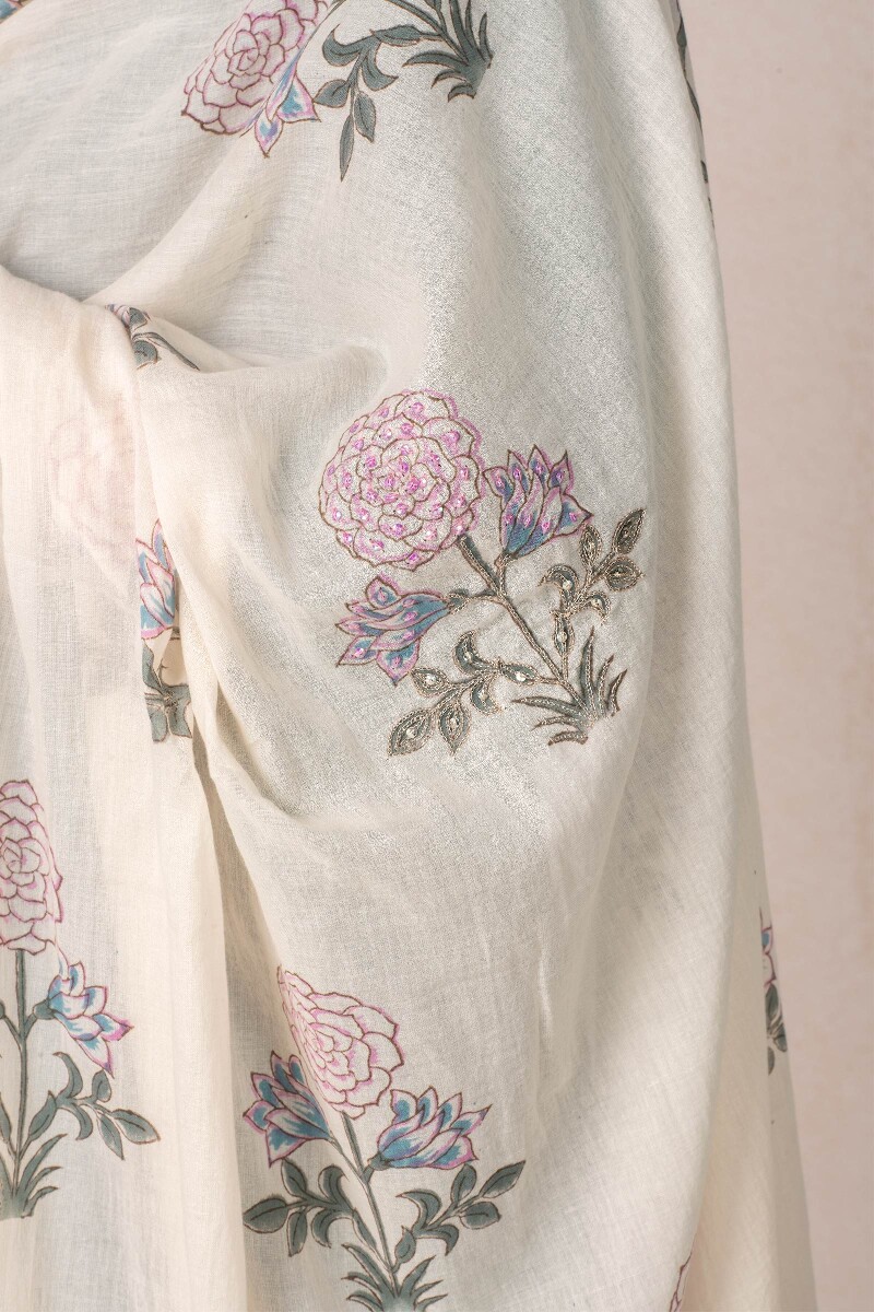 Beige Block Printed Cotton Dupatta