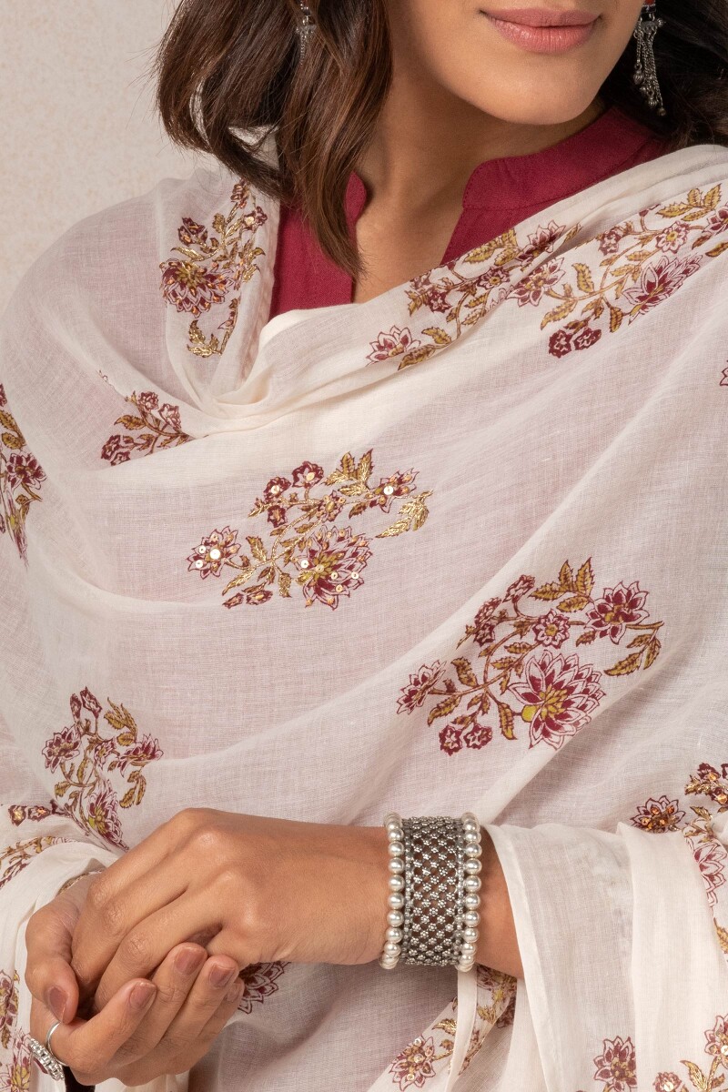 Beige Block Printed Cotton Dupatta