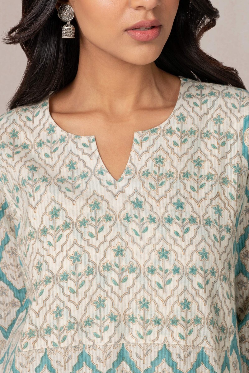 Blue Block Printed Cotton Kaftan