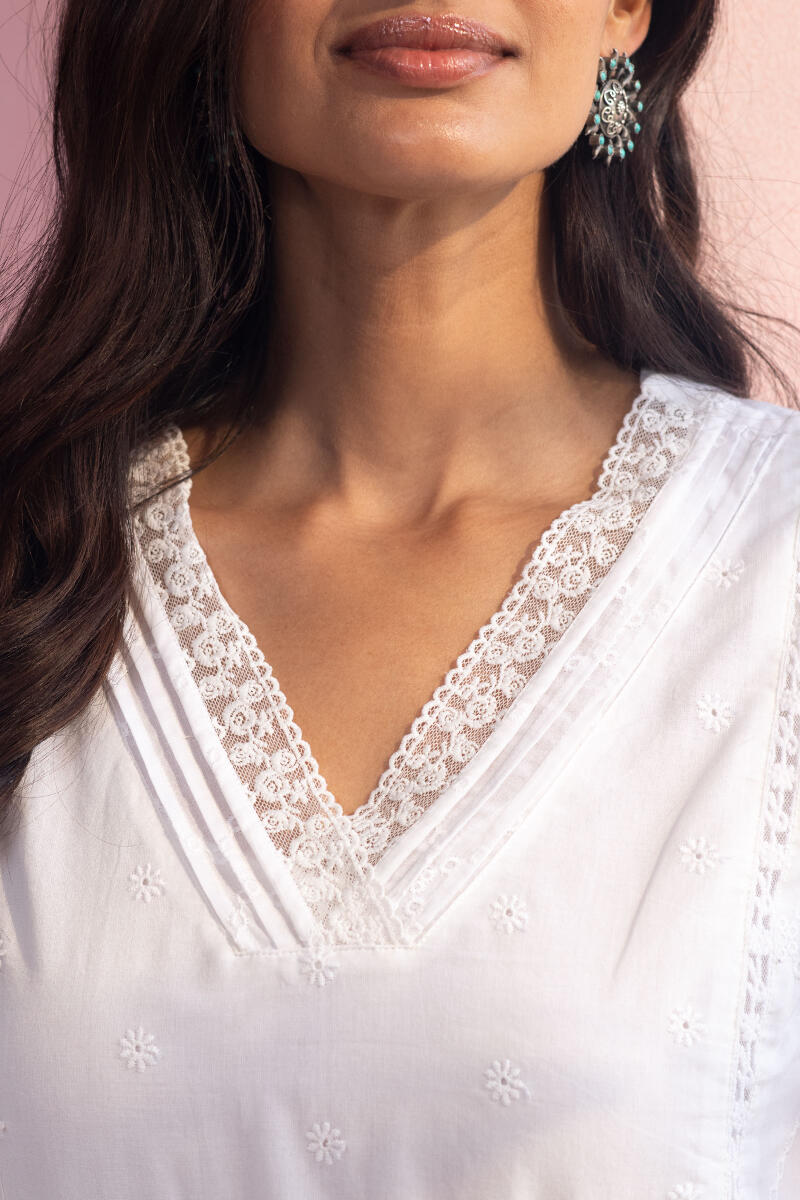 White Handcrafted Straight Cotton Kurta