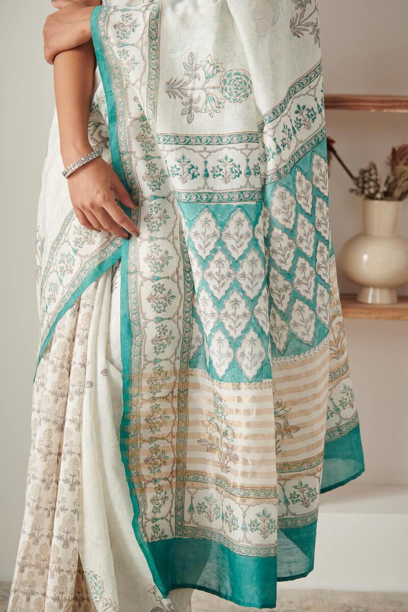 Blue Block Printed Chanderi Saree