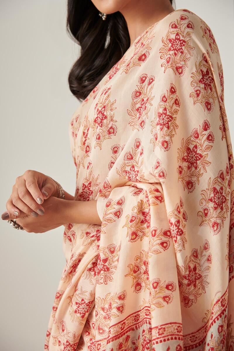 Beige Block Printed Modal Saree