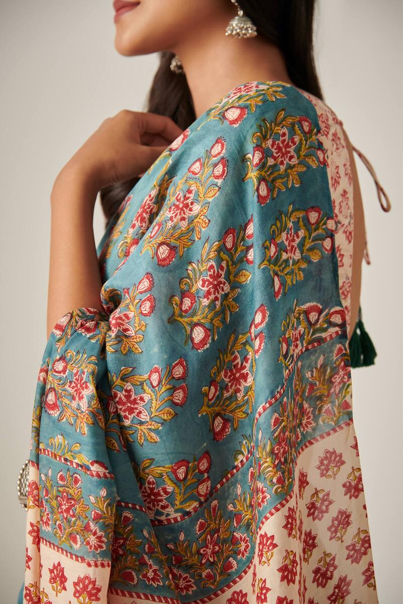 Blue Block Printed Modal Saree