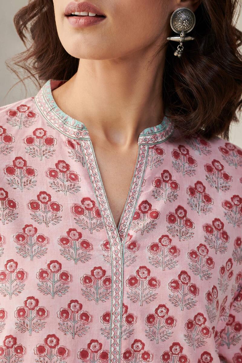 Pink Block Printed Straight Cotton Kurta