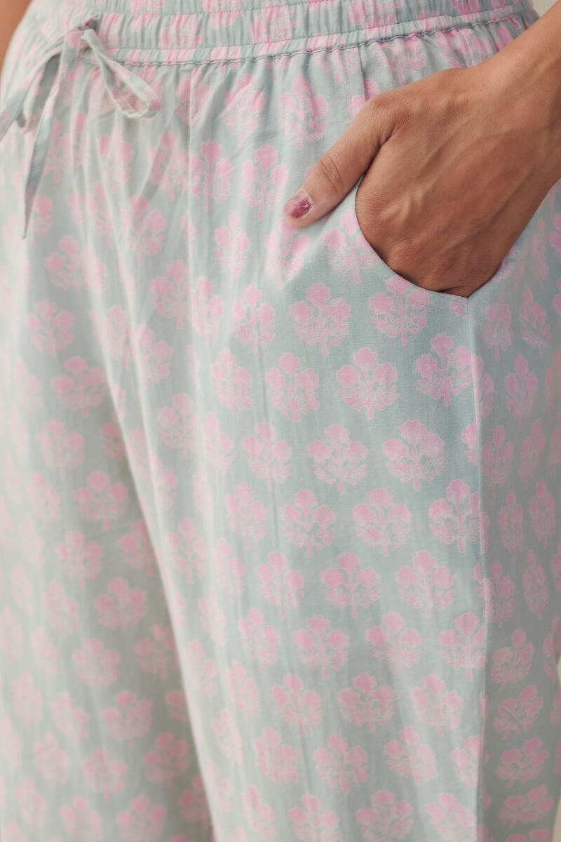 Pink Block Printed Cotton Narrow Pants
