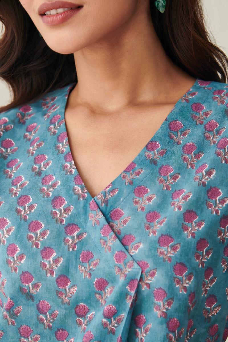 Blue Block Printed Cotton Loungewear Set