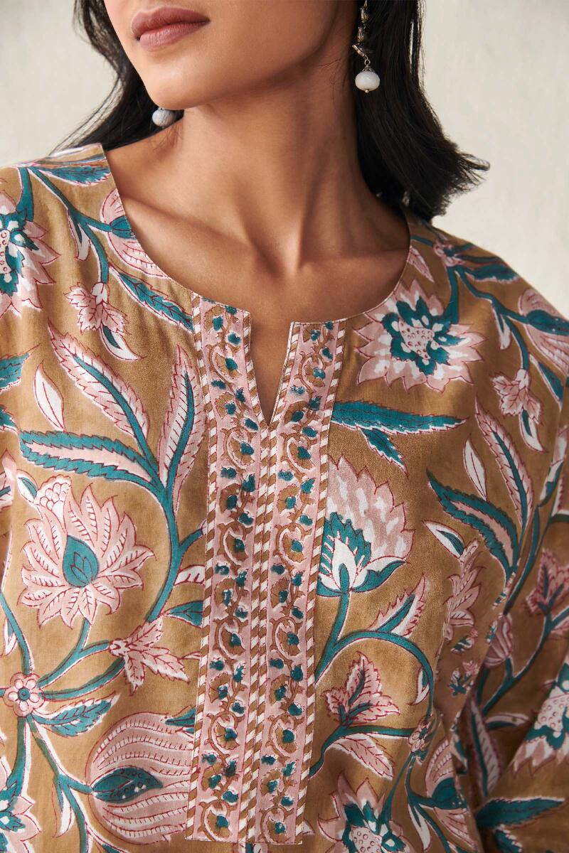 Brown Block Printed Cotton Kaftan