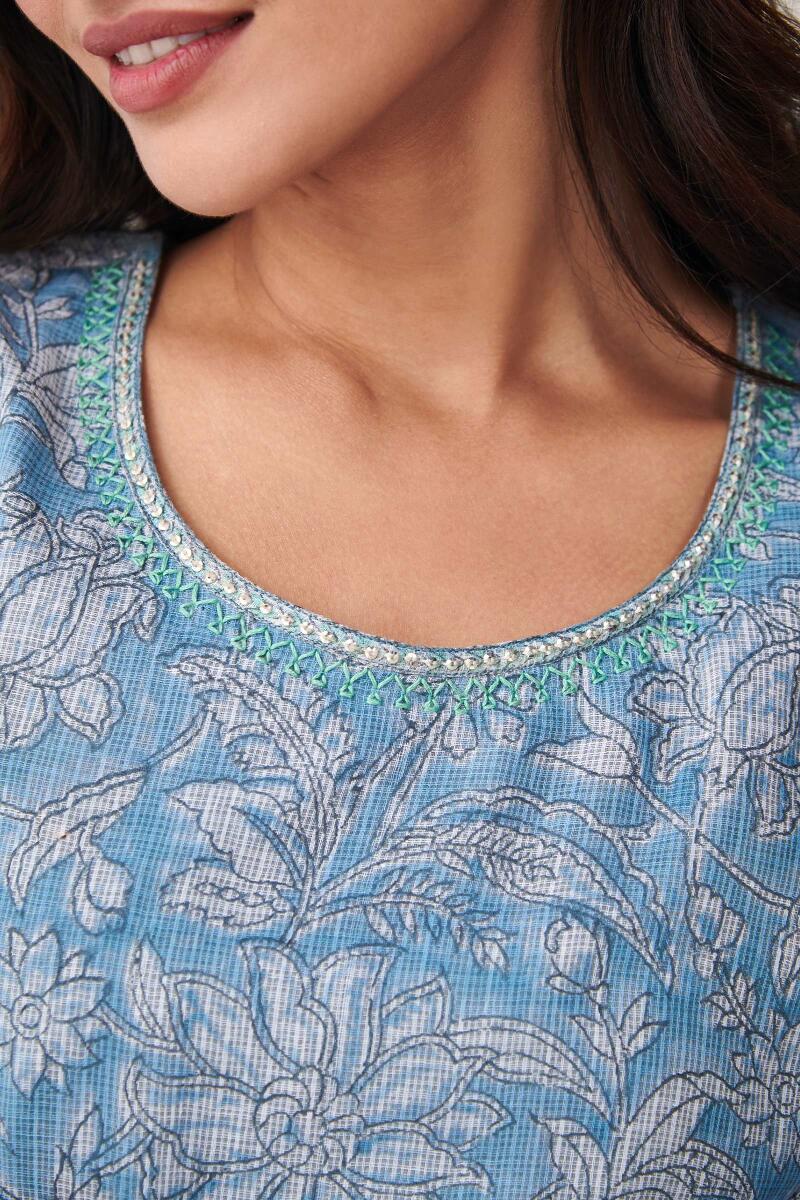 Blue Hand Block Printed Straight Kota Kurta