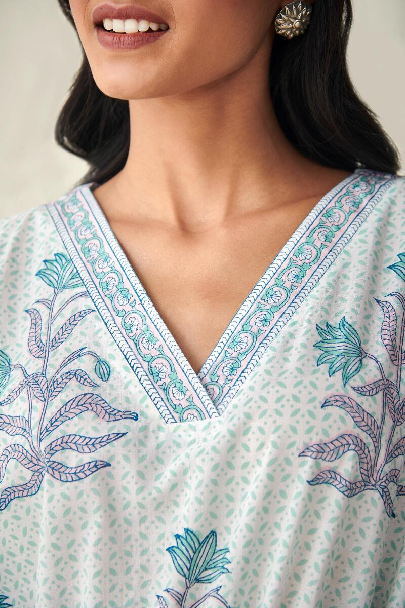 White Hand Block Printed Cotton Kaftan
