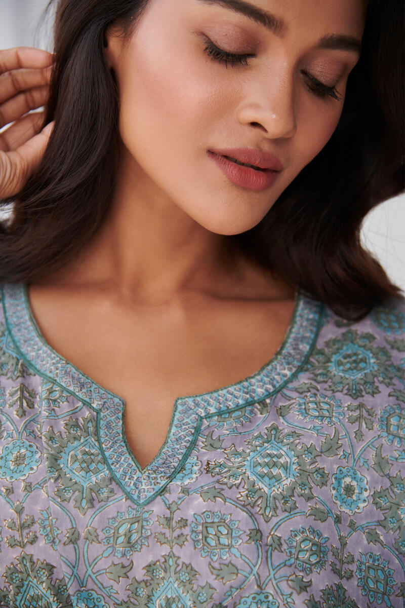 Grey Block Printed Cotton Kaftan