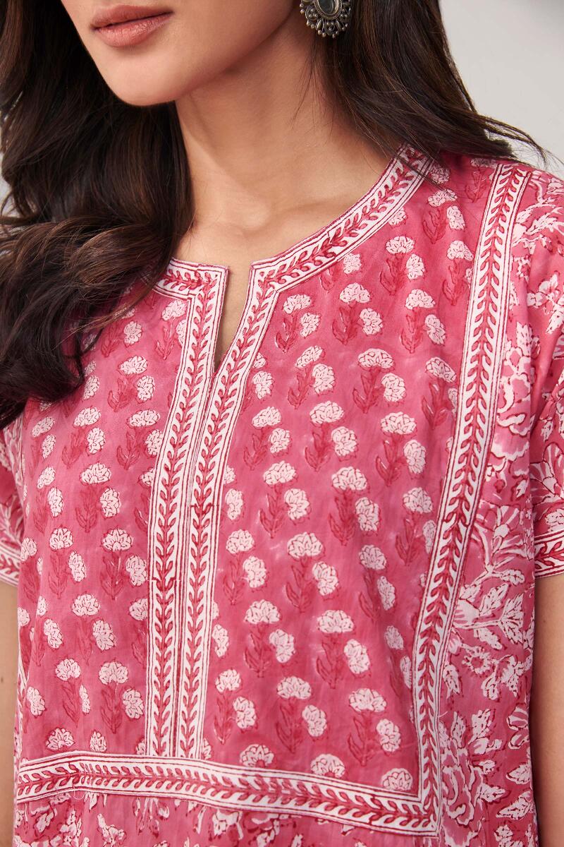 Pink Hand Block Printed Cotton Kaftan