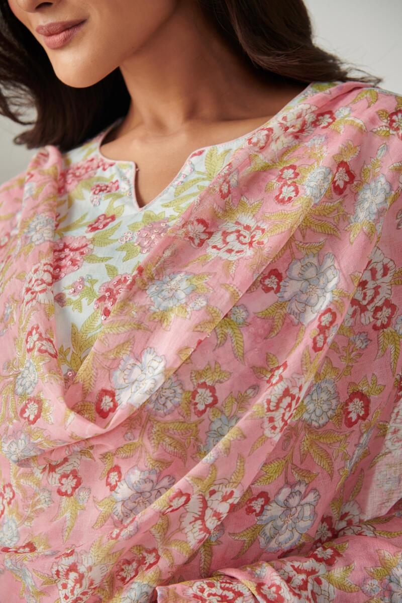 Pink Block Printed Cotton Dupatta