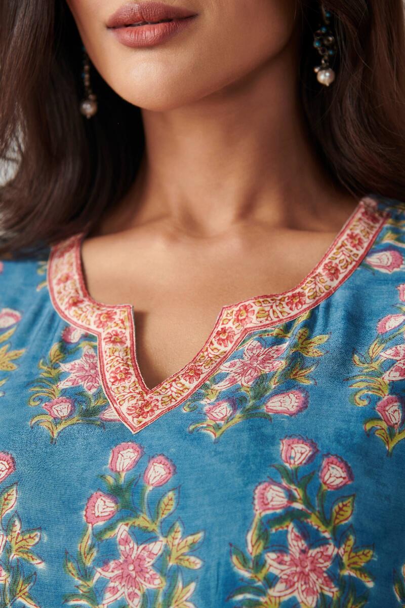 Blue Block Printed Straight Cotton Modal Kurta
