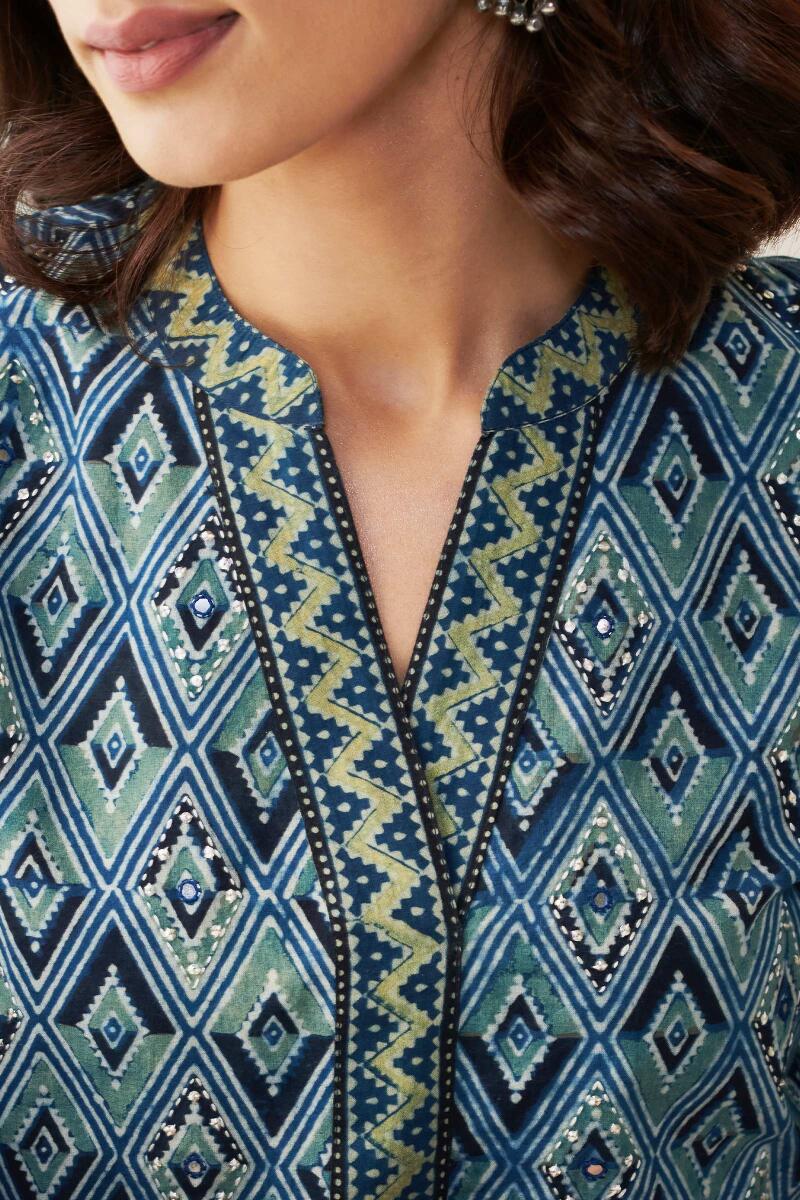 Green Block Printed A-Line Cotton Kurta