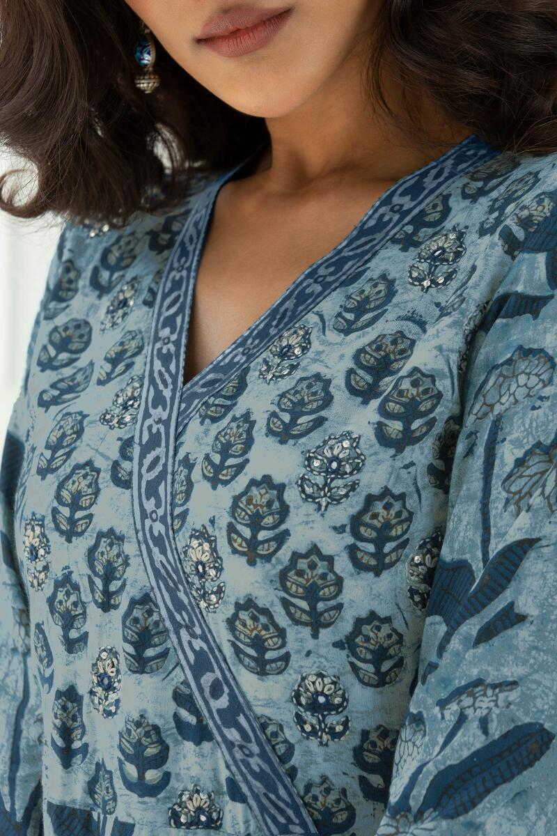 Indigo Block Printed Straight Cotton Modal Kurta